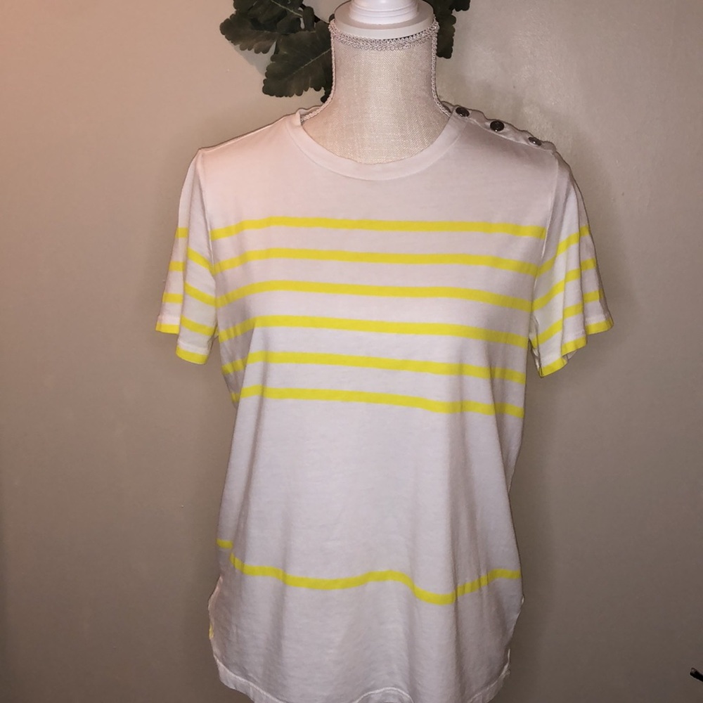 Ralph Lauren  ⭐️ white + yellow striped short sleeve t // silver buttons // EUC